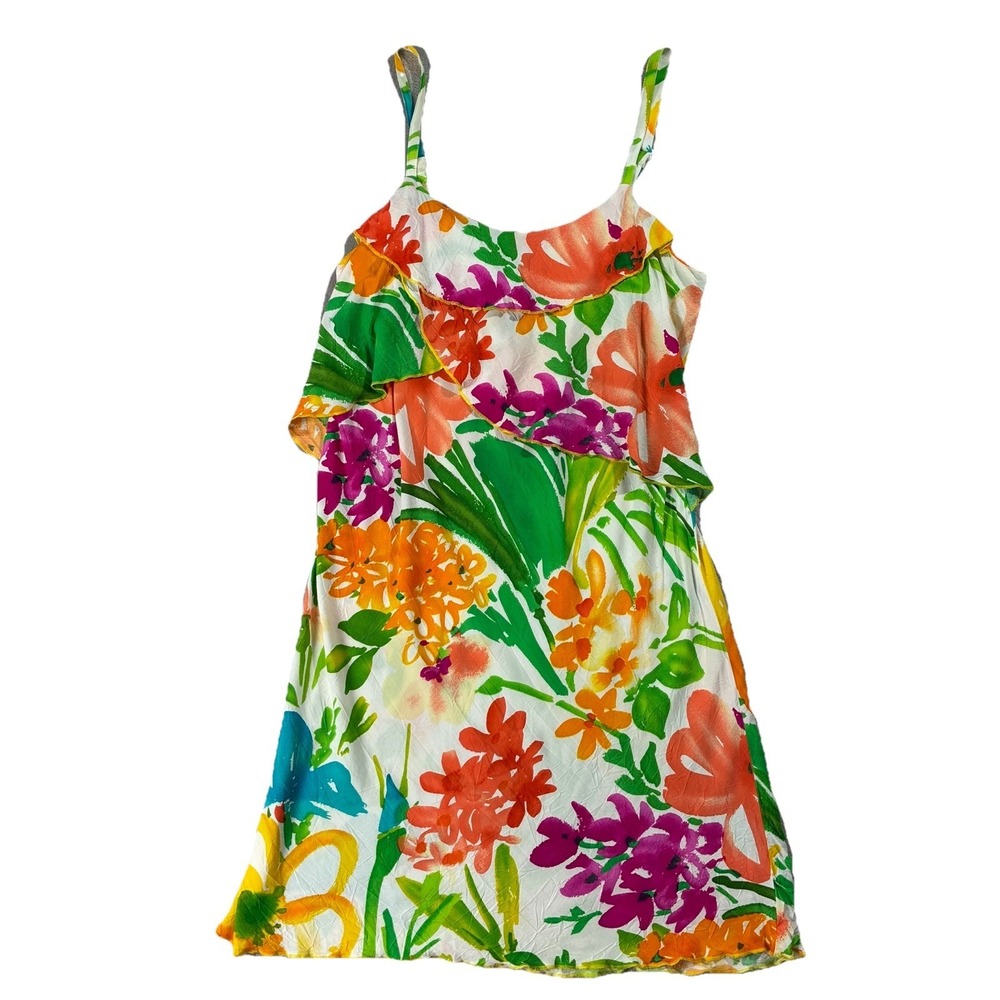 VTG Jams World Ruffled Mini Sundress Summer Garden Print Women's S Y2K Tropical